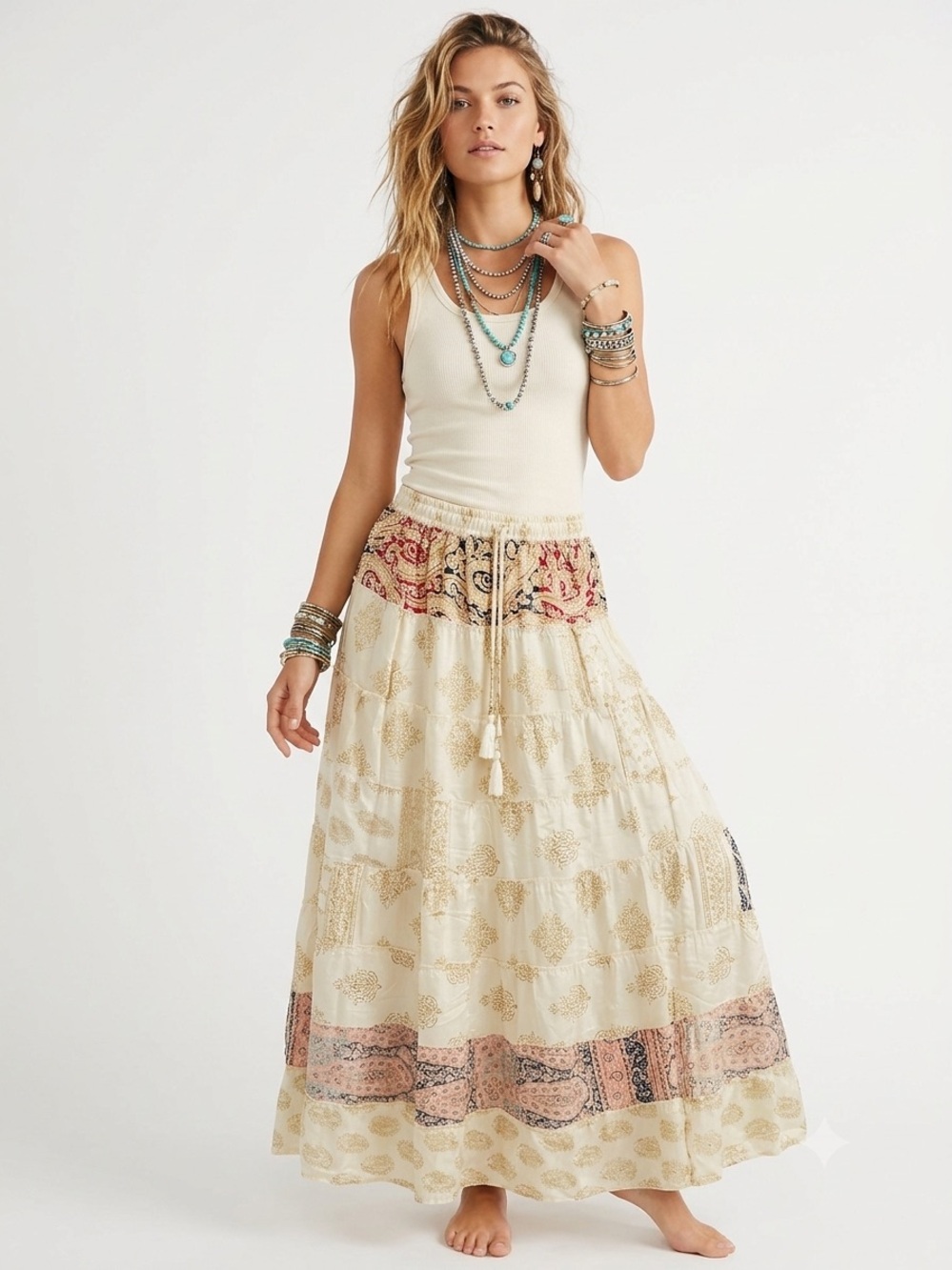 5. Boho Patchwork Sari Silk Maxi Skirt Festival Hippie Gypsy One Size India
